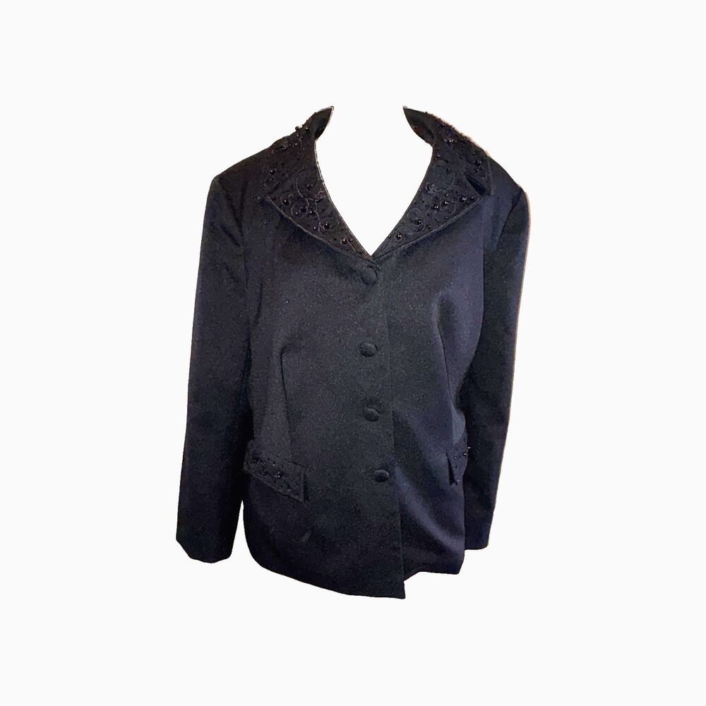 Emily... Women's Black Beaded Collar Button Front Lined Blazer Jacket 16W